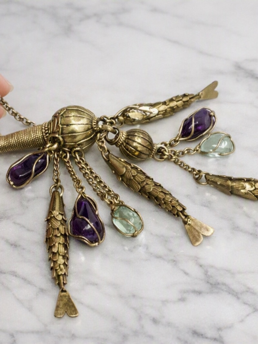 Signed Celia Harms Fish, Gemstone Fob/Pendant • Gold Vermeil over .925 • 62.9g - Picture 3 of 7
